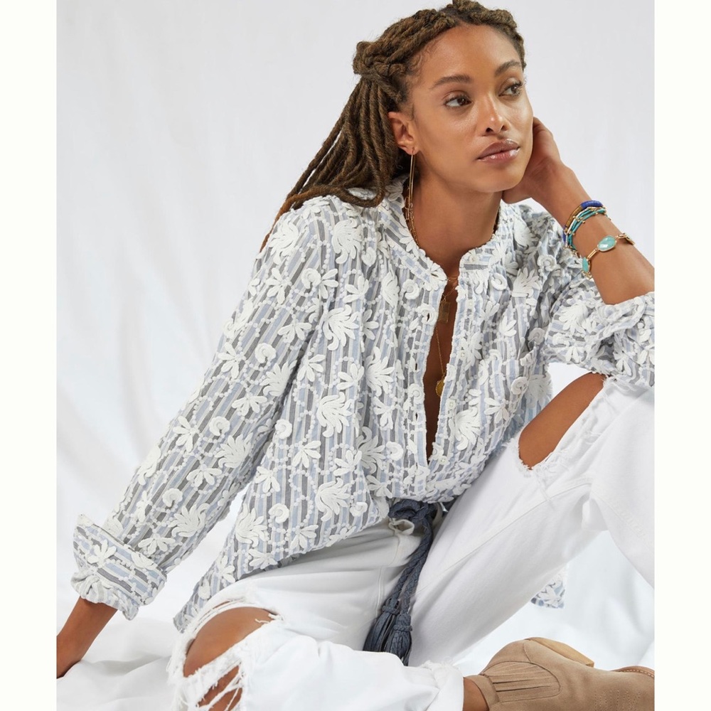 Anthropologie Blue Gray and White Embroidered Tunic